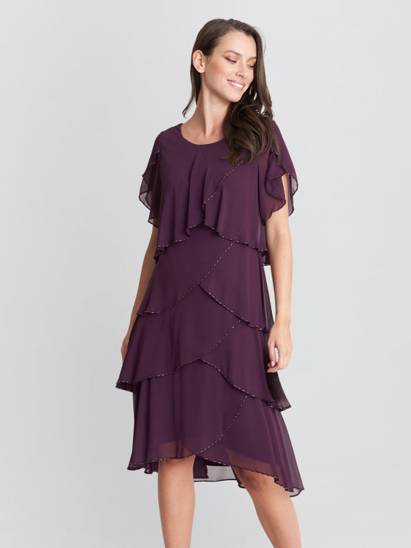 Trysta Bugle Beaded Trim Tiered Cocktail Dress With Flitter Sleeves