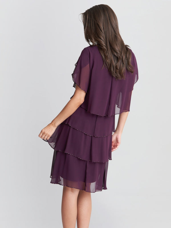 Trysta Bugle Beaded Trim Tiered Cocktail Dress With Flitter Sleeves