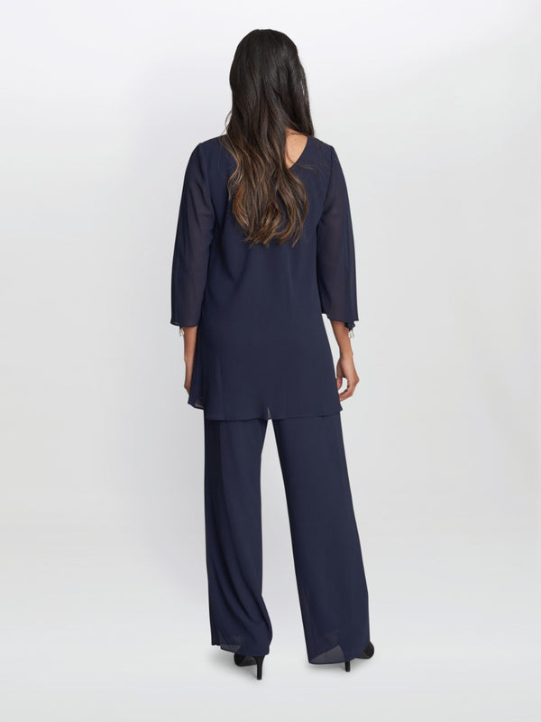 Wilma 2-Piece Trouser and Top Set With Asymmetric Cascade Ruffle Blouse With Crystal Drop