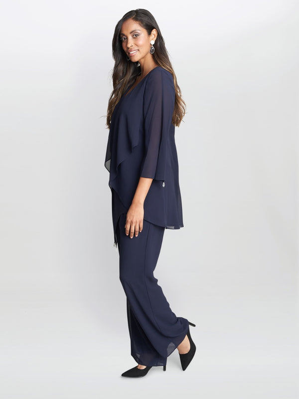 Wilma 2-Piece Trouser and Top Set With Asymmetric Cascade Ruffle Blouse With Crystal Drop