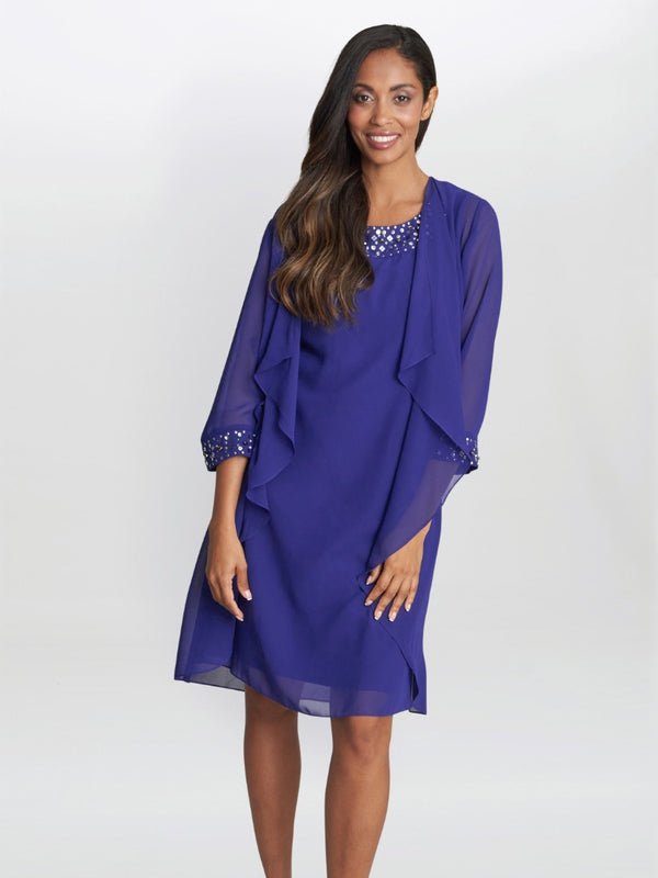 Joseline Short Chiffon Jacket Dress With Beaded Neckline