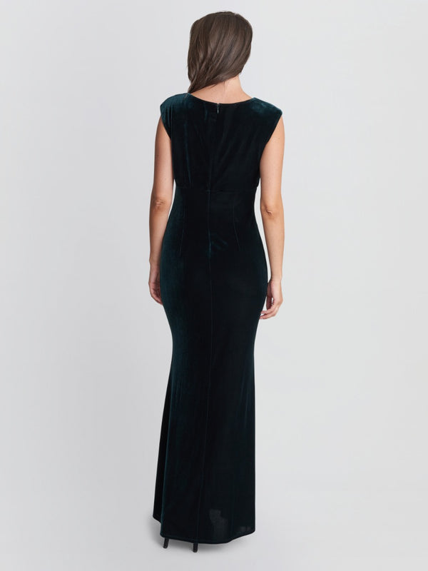 Edina Maxi Velvet Gown With Asymmetrical Neckline And Embellishment