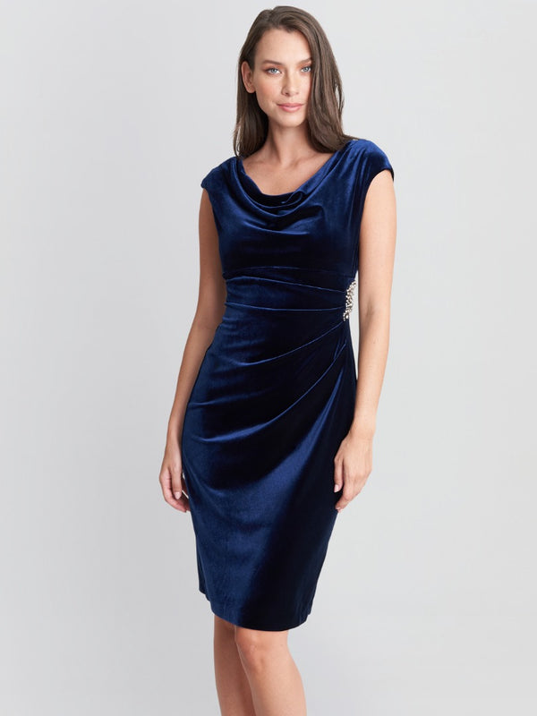 Jeanie Velvet Cowl Neck Dress With Embellished Hip