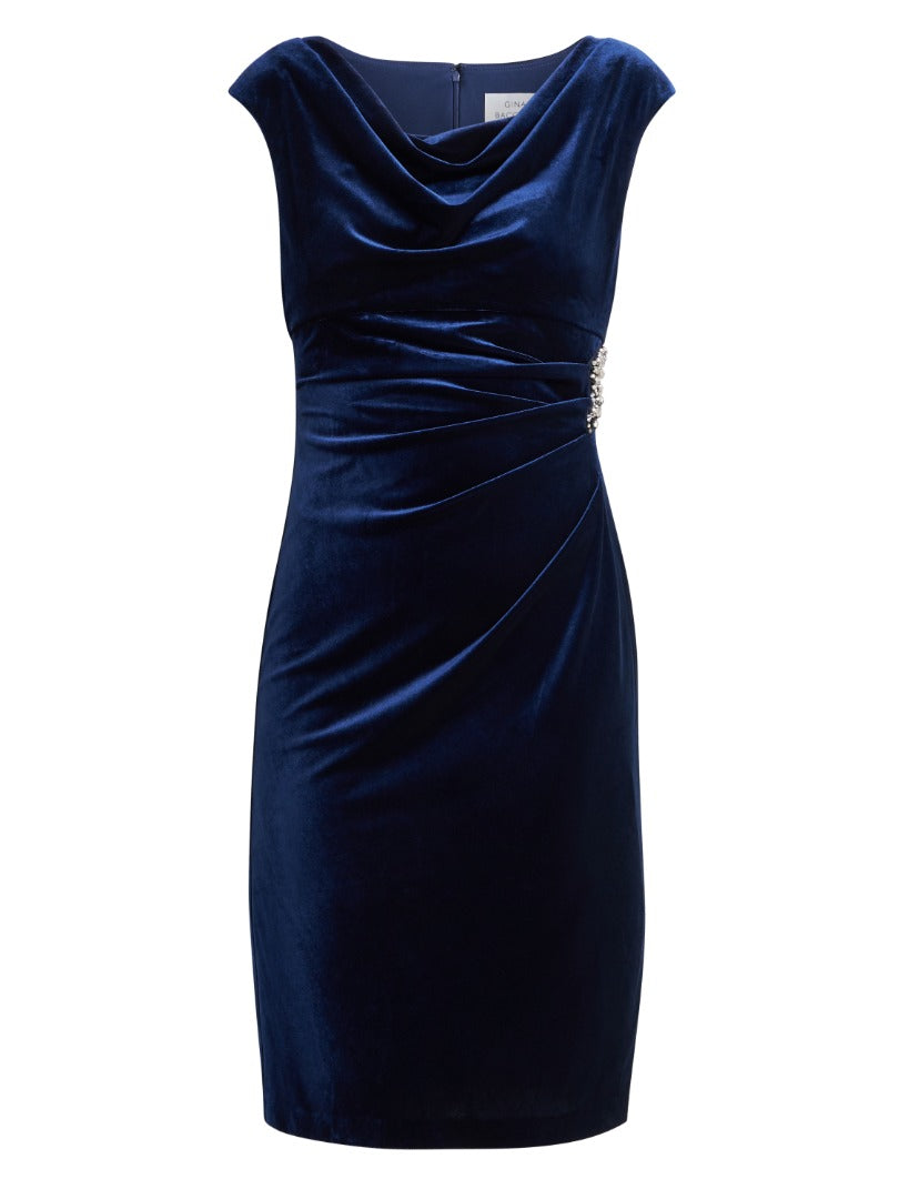 Jeanie Velvet Cowl Neck Dress With Embellished Hip – Gina Bacconi