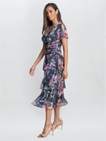 Katy Midi Printed Dress With Tiered Skirt