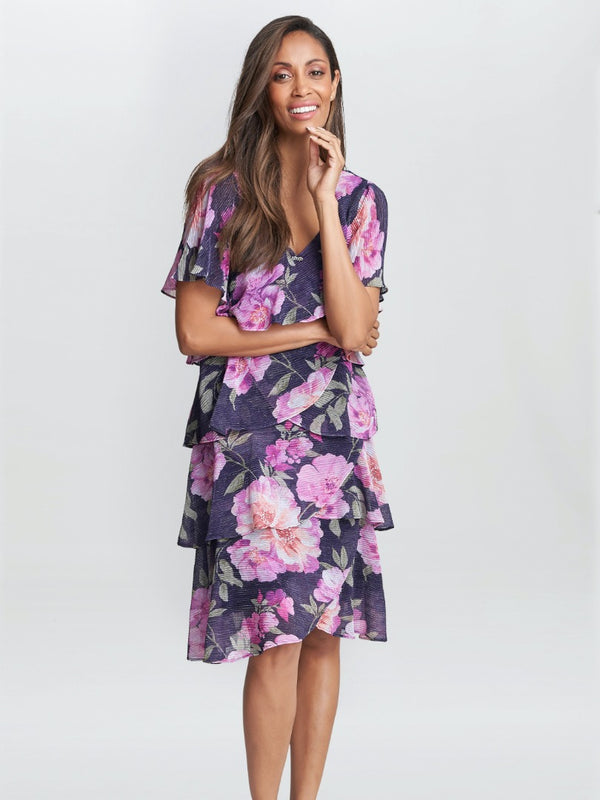 Libby Printed V Neck Dress With Tiers And Embellished Neck