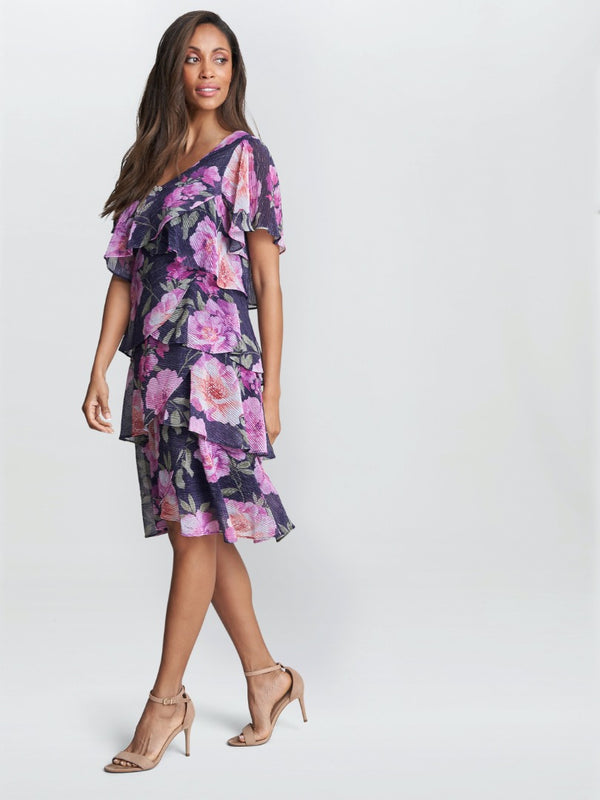 Libby Printed V Neck Dress With Tiers And Embellished Neck