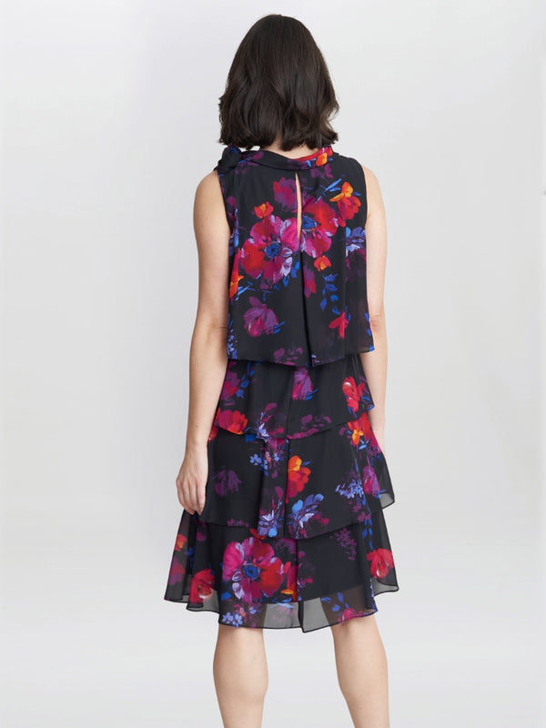 Neesha Sleeveless Printed Tiered Dress With Tie Neck