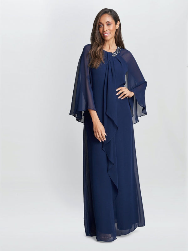 Polly Maxi Halter Neck Dress With Embellishment And Capelet Sleeves