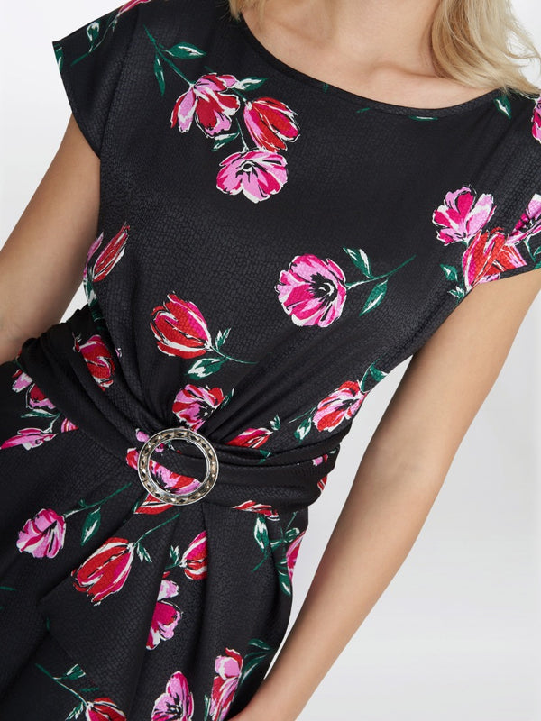 Saffron Floral Print Satin Dress With Buckle