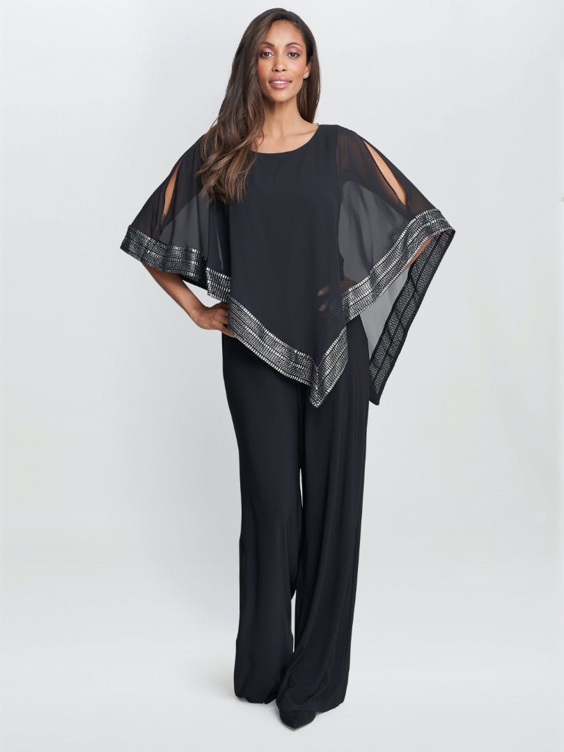 Eve Asymmetrical Cape Jumpsuit With Foil Trim – Gina Bacconi