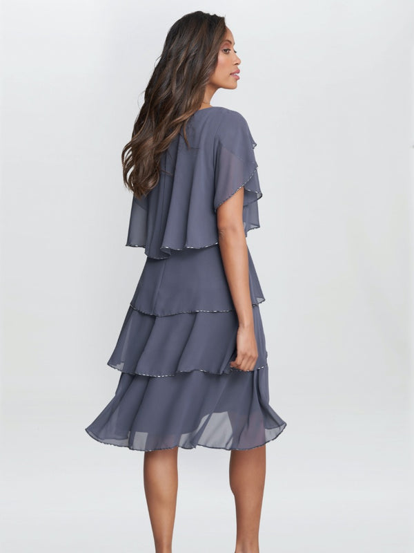 Trysta Bugle Beaded Trim Tiered Cocktail Dress With Flitter Sleeves